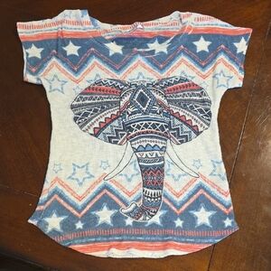 (J7) Gaze Blue and Red Elephant Pattern Blouse Sz 7